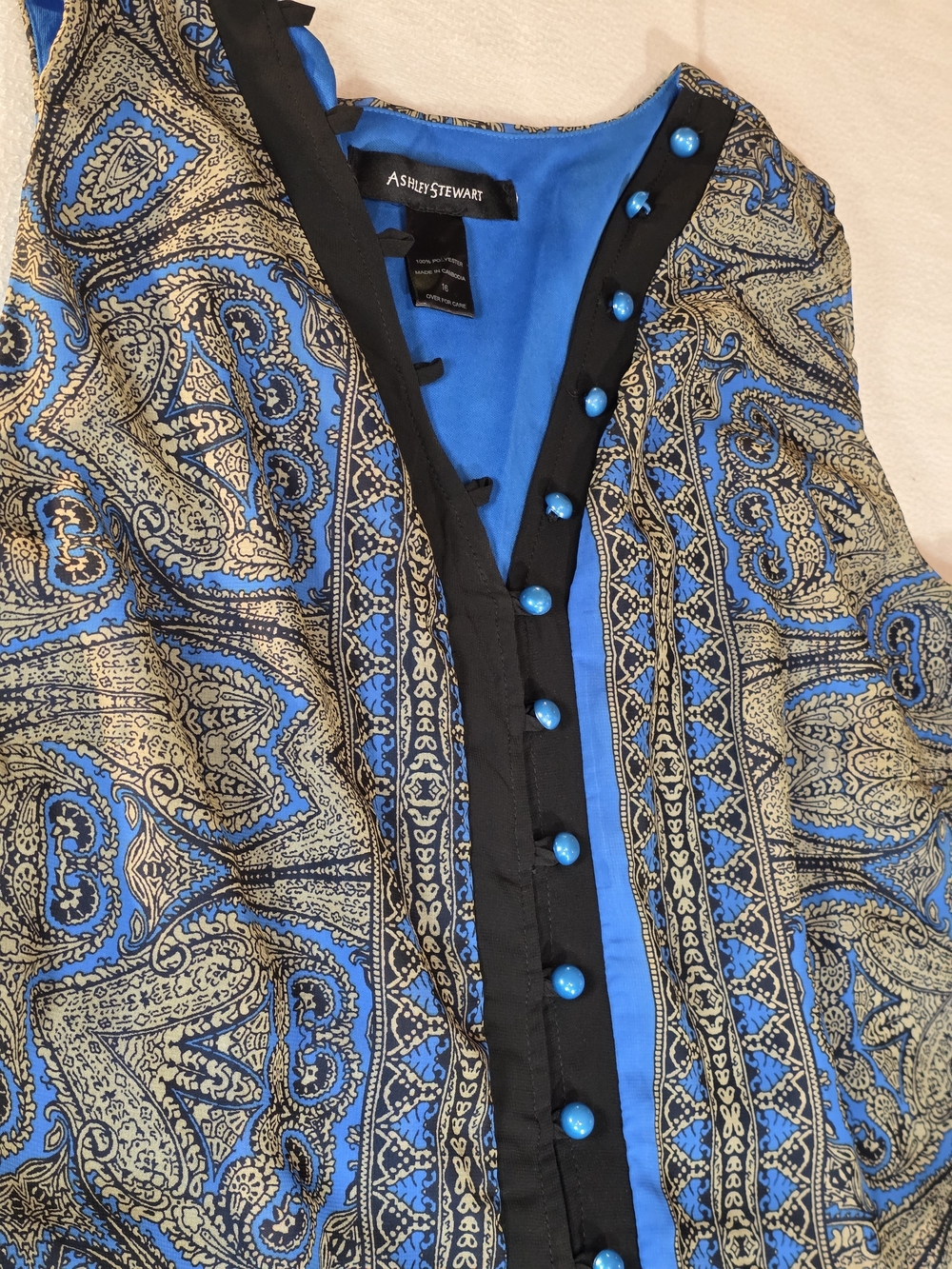 Ashley Stewart Blue and Gold Paisley Asymmetrical Handkerchief Hem Dress - Picture 7 of 13